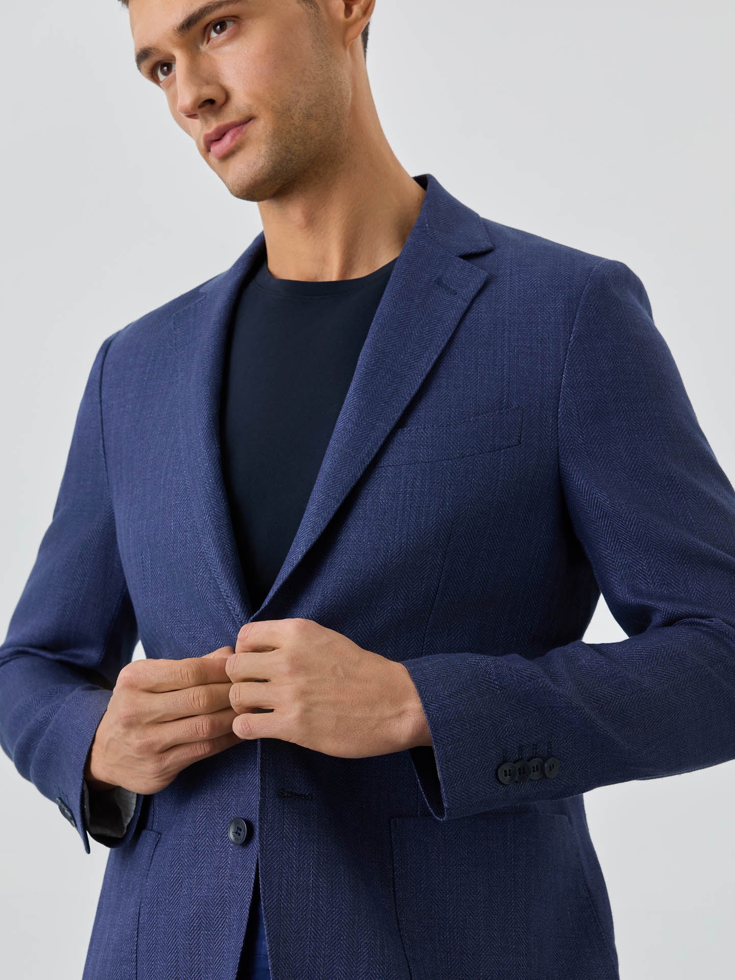 Blazer Espinha De Peixe Com Bolsos De Palas Half-Canvas Em Mistura De Linho