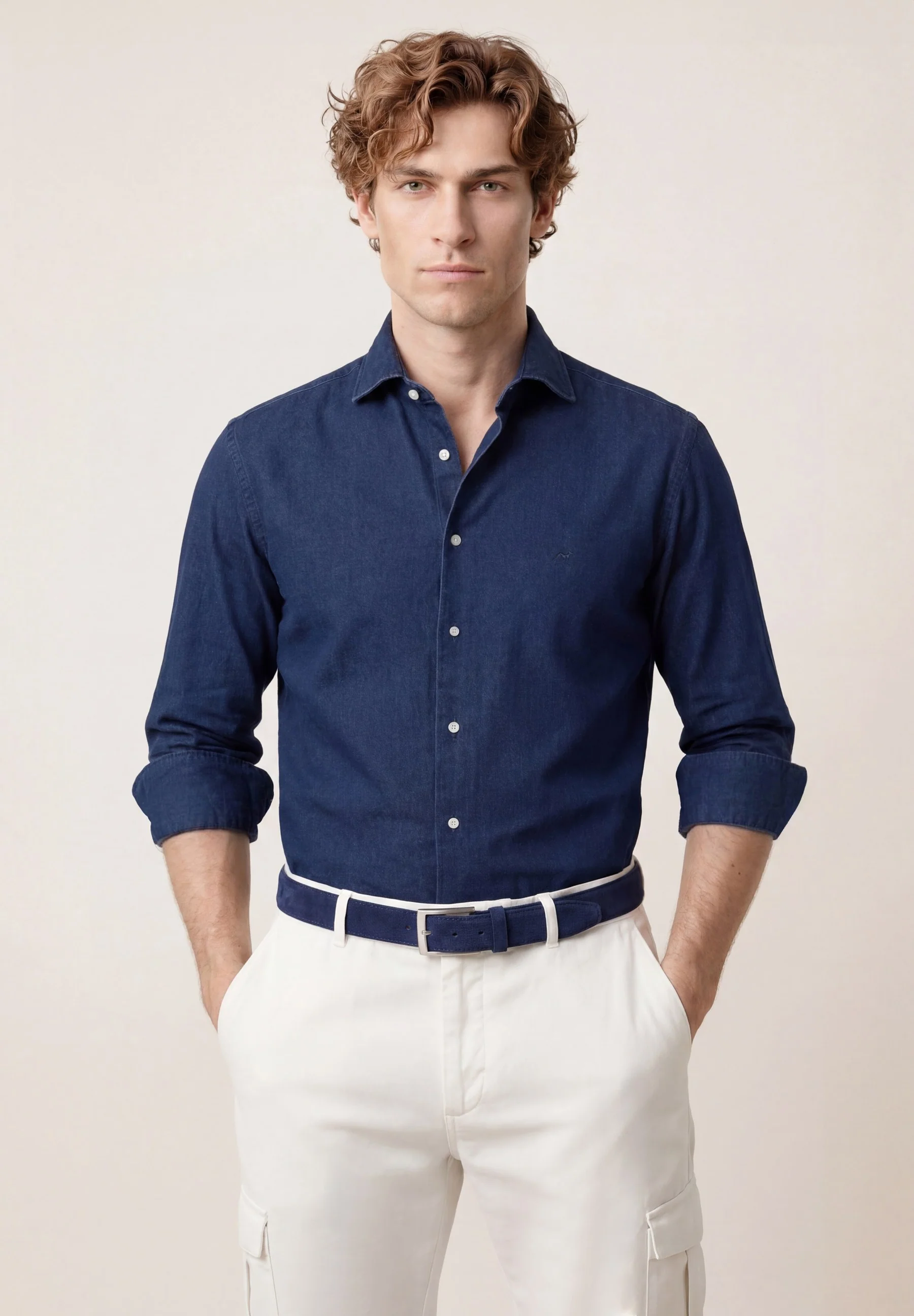 Camisa Jacquard Denim com colarinho aberto, slim fit - Image 2