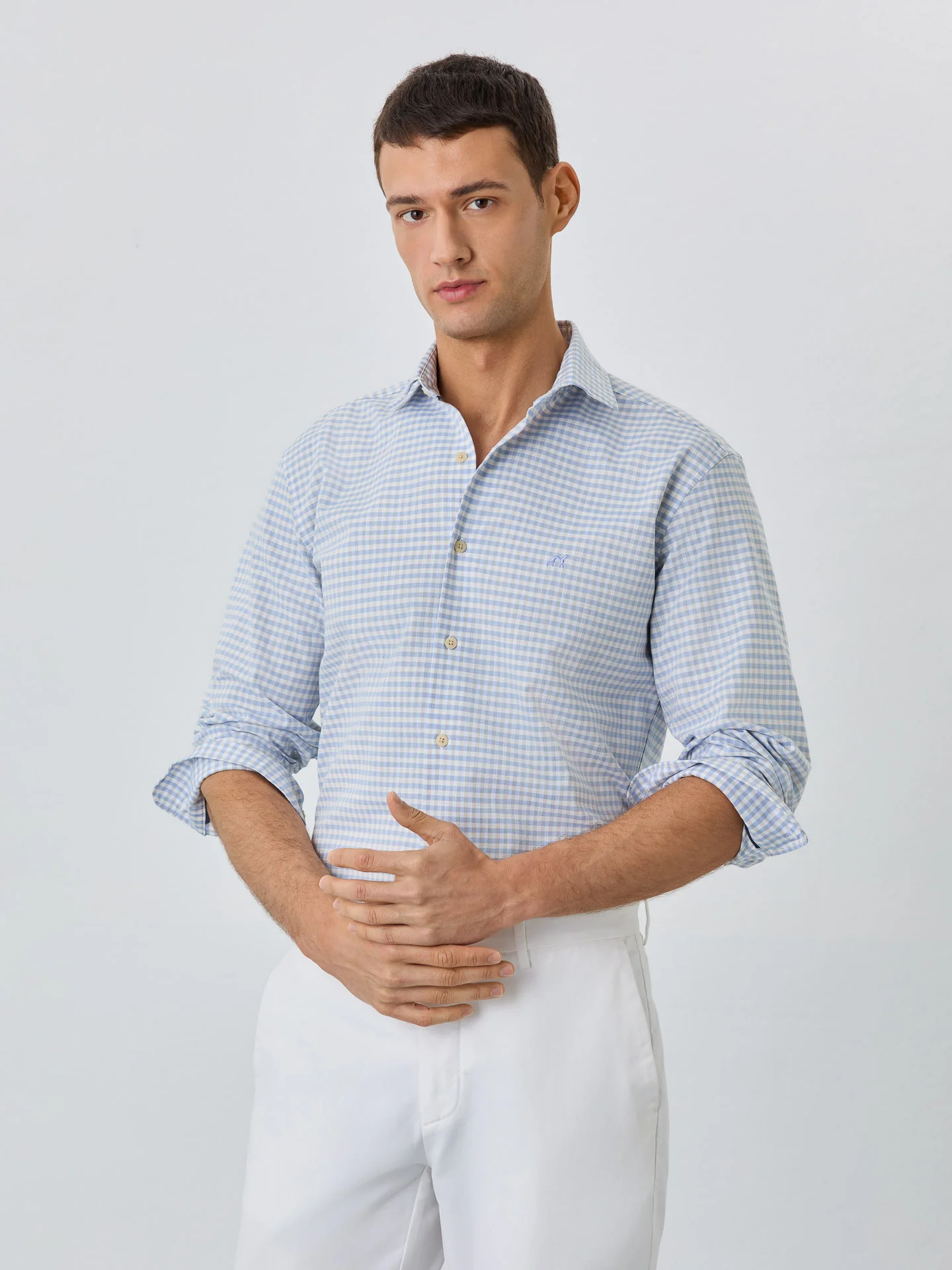 Camisa Slim Fit Com Colarinho Aberto Em Algodão BCI Com Xadrez