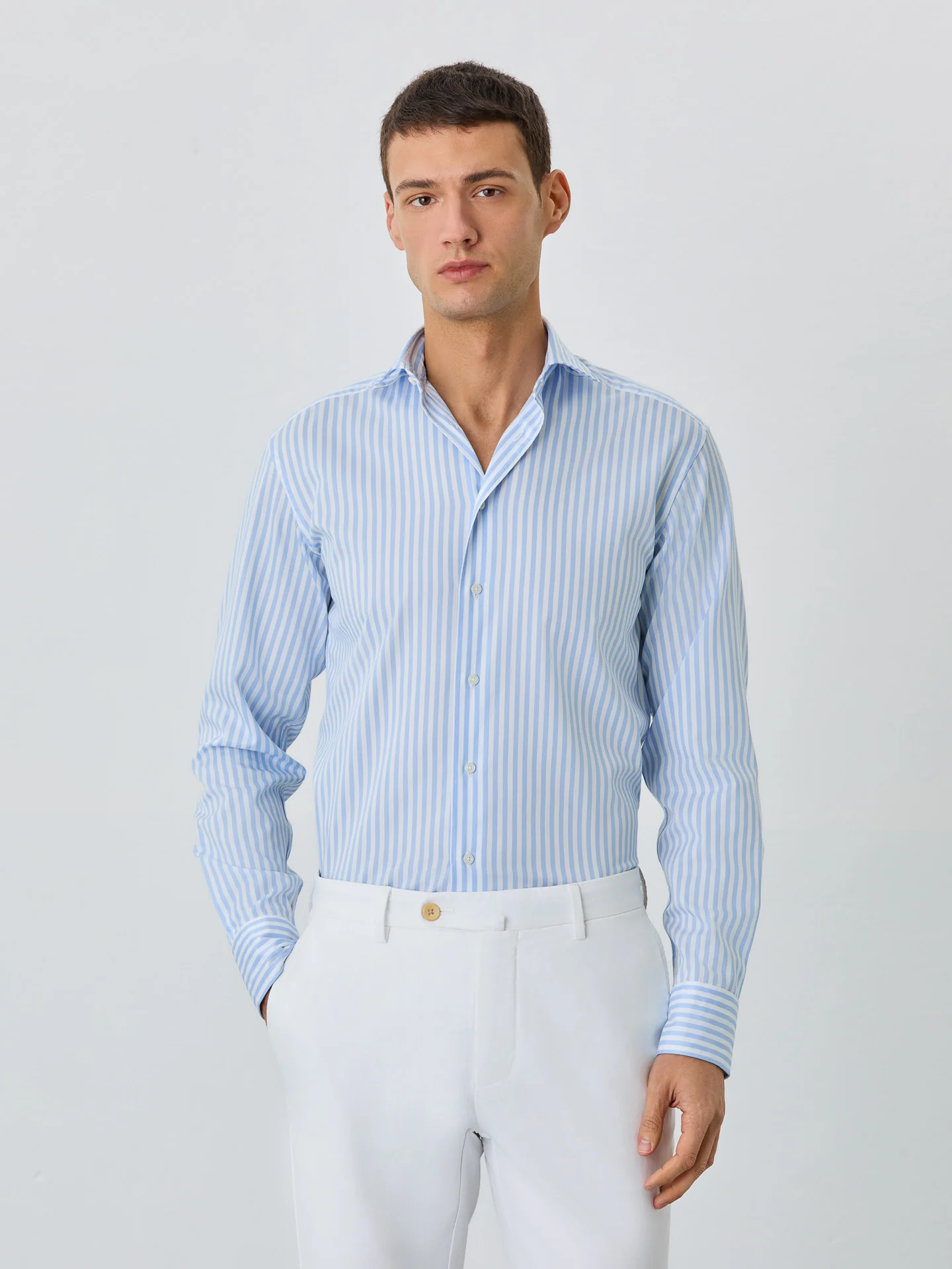 Camisa Slim Fit Com Colarinho Bristol Em Algodão Com Riscas