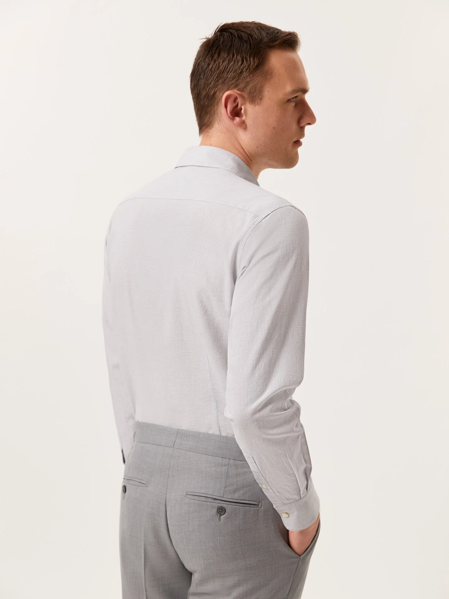 Camisa slim fit de algodão linho Houndstooth com colarinho aberto - Image 3