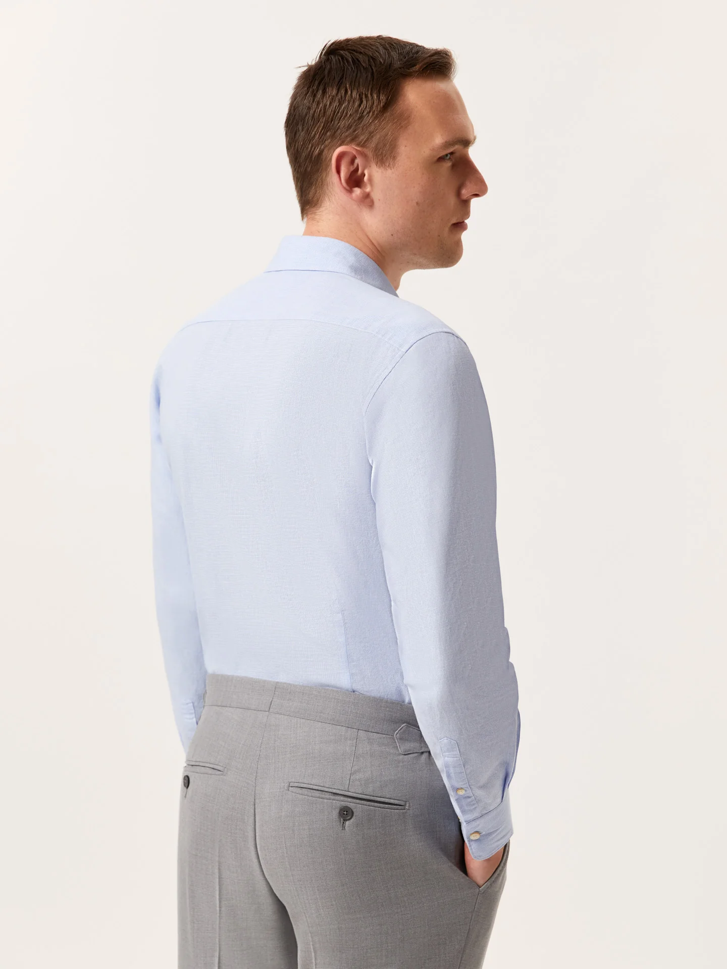 Camisa slim fit de algodão linho Houndstooth com colarinho aberto - Image 3
