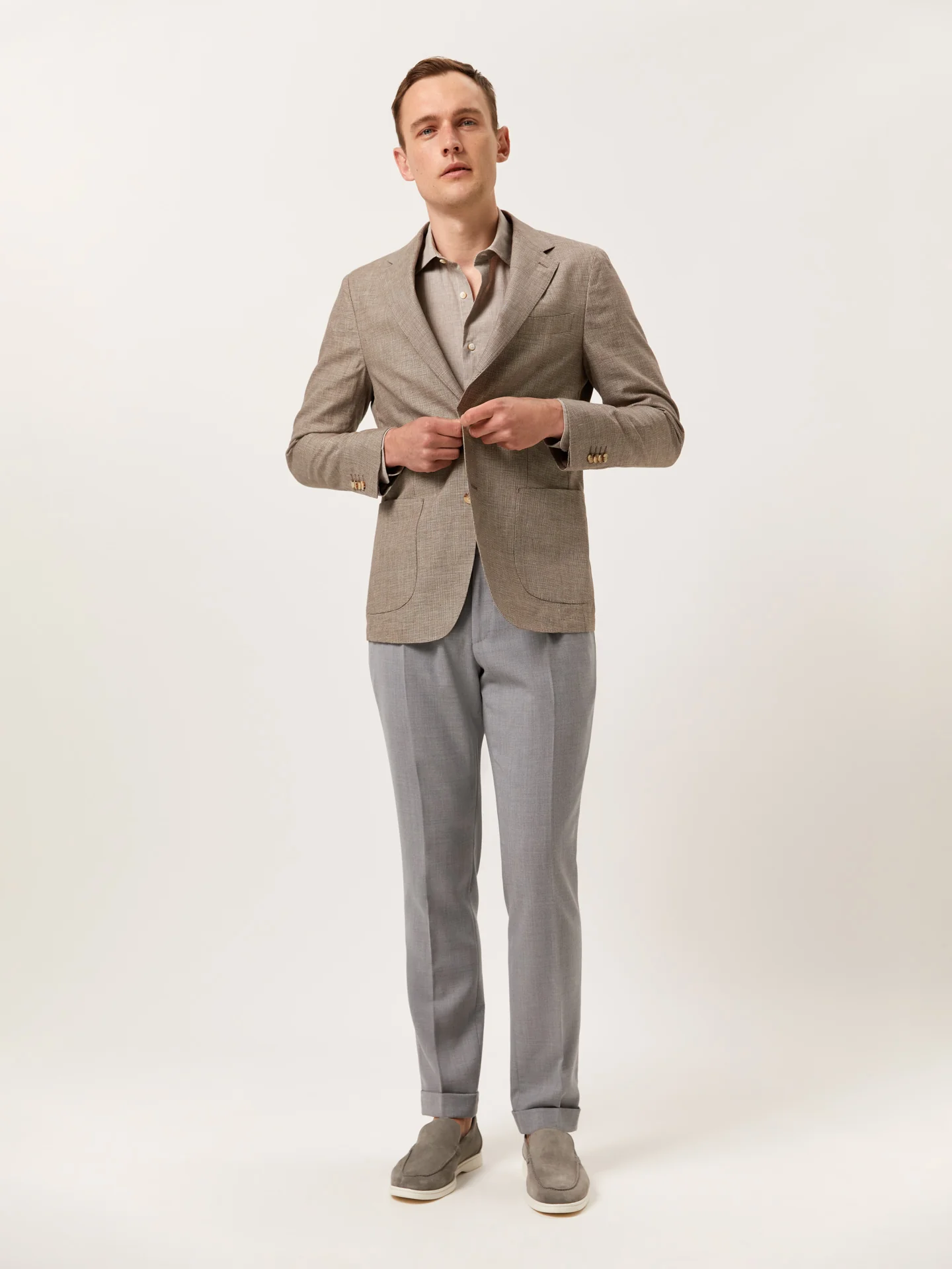 Camisa slim fit de algodão linho Houndstooth com colarinho aberto - Image 6