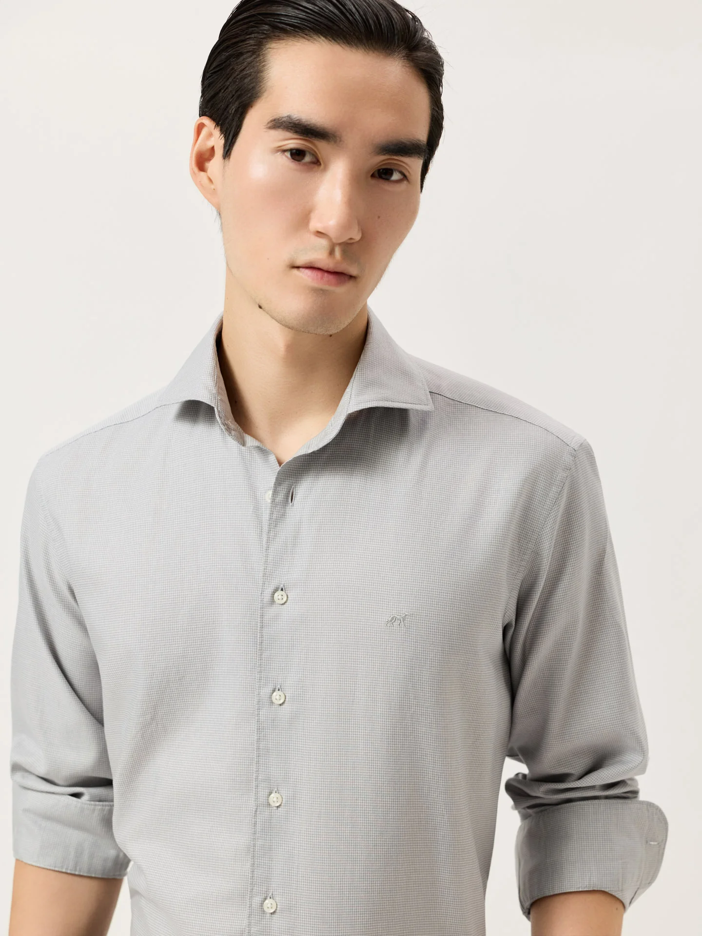Camisa Slim Fit em Algodão Mélange com Padrão Pied-de-poule e Colarinho Newport