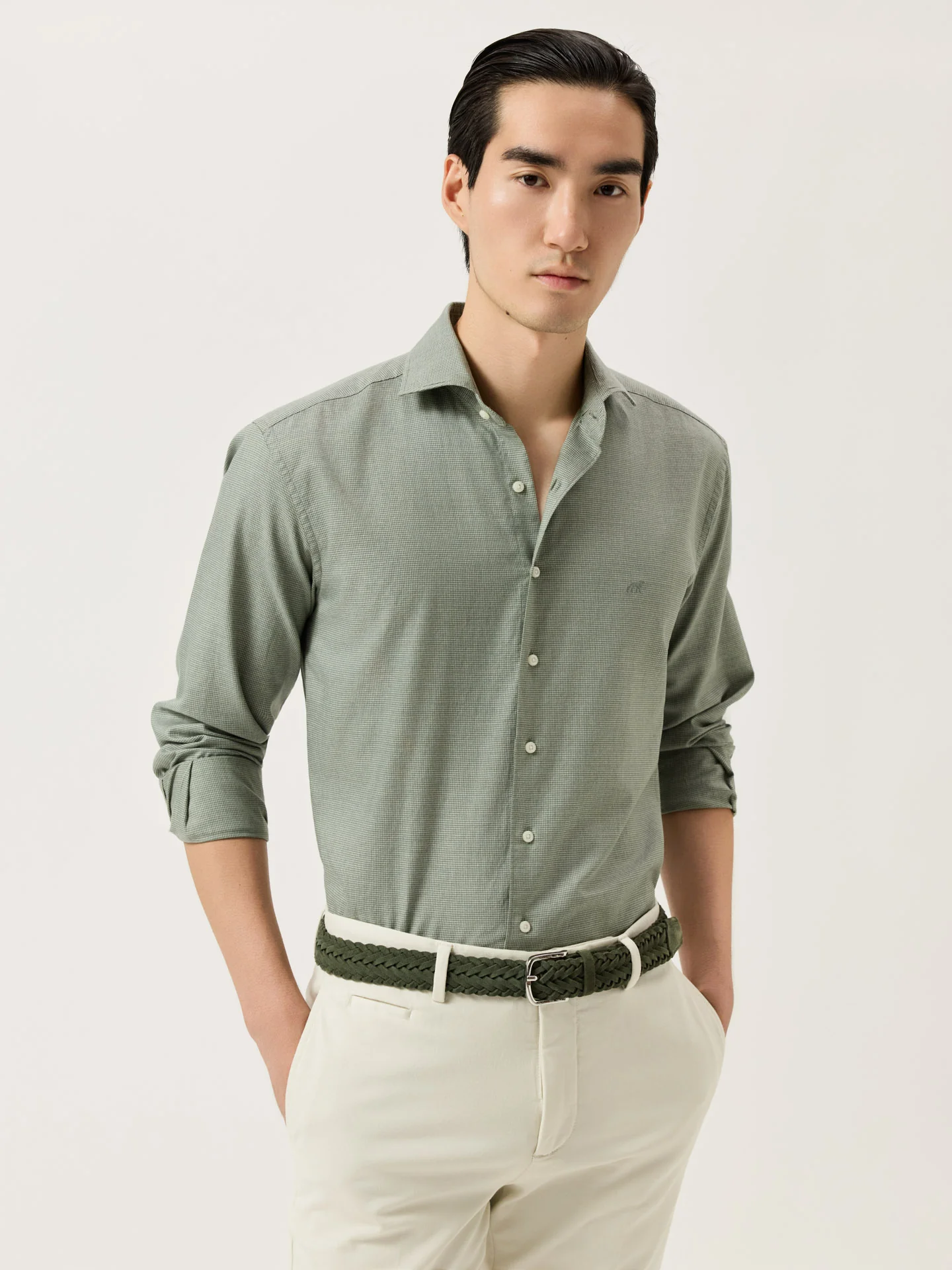 Camisa Slim Fit em Pied-de-Poule Mélange de Algodão com Colarinho Newport
