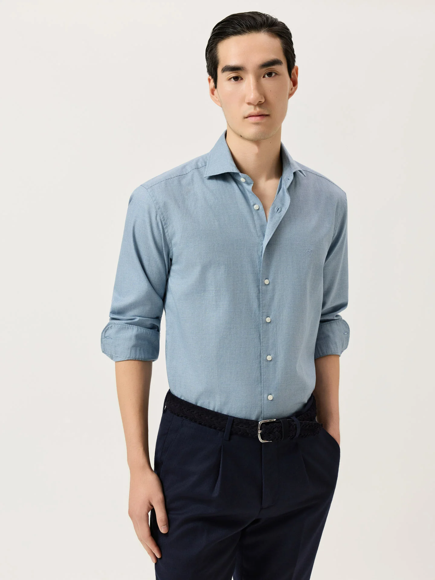 Camisa Slim Fit em Pied-de-Poule Mélange de Algodão com Colarinho Newport
