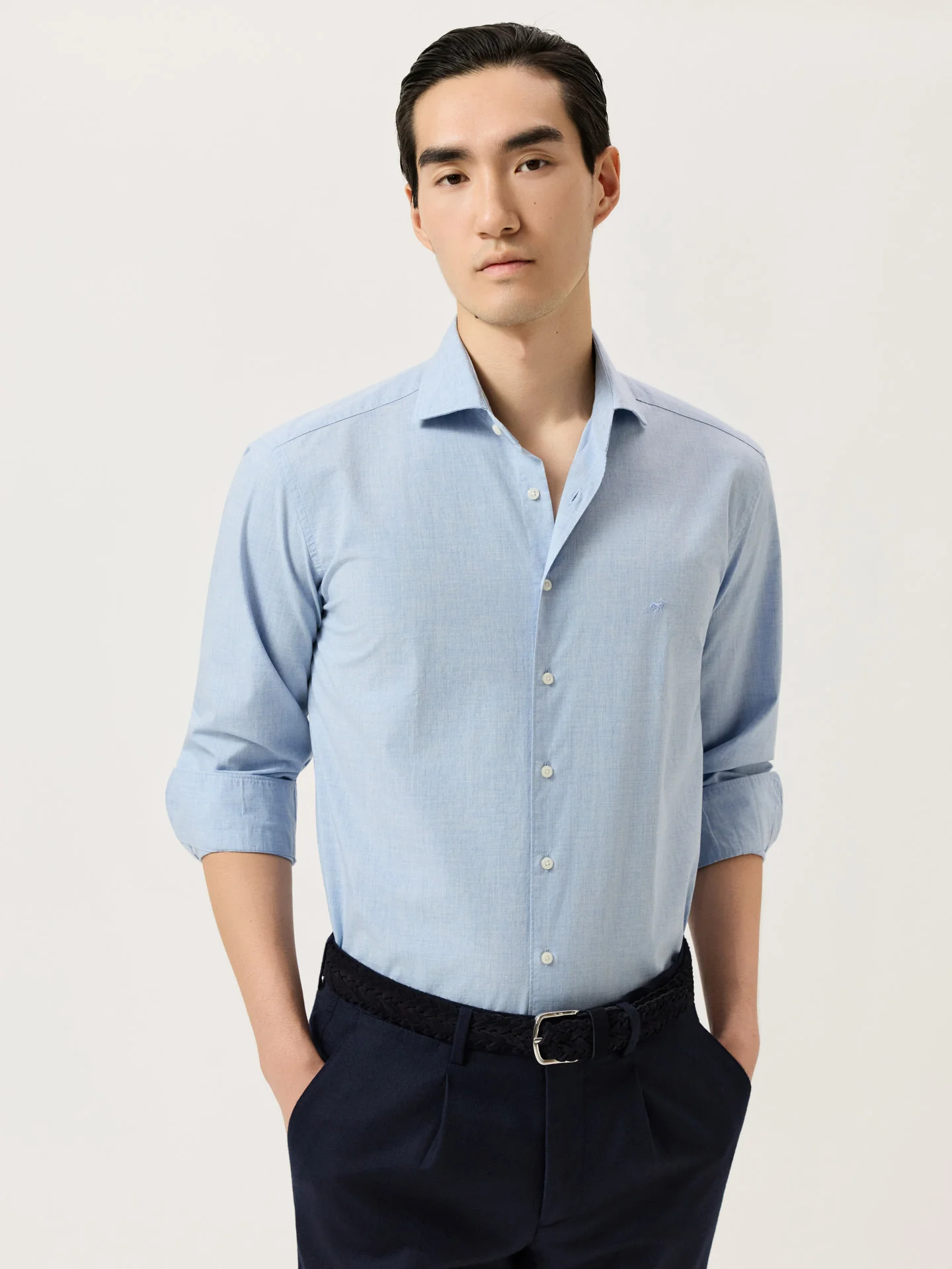 Camisa Slim Fit em Popeline Mélange de Algodão com Colarinho Newport - Image 6