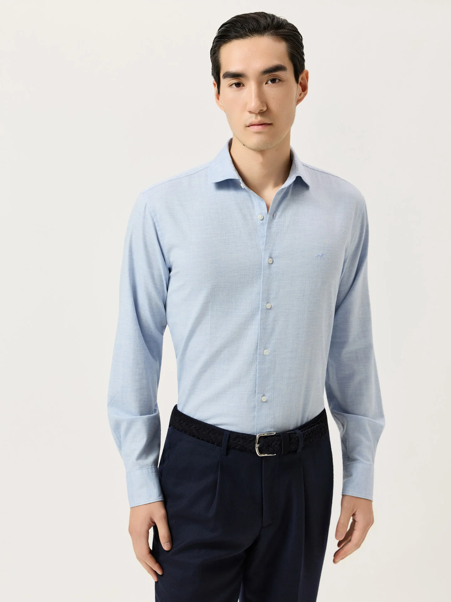 Camisa Slim Fit em Tecido Espinha Mélange e Colarinho Aberto - Image 5