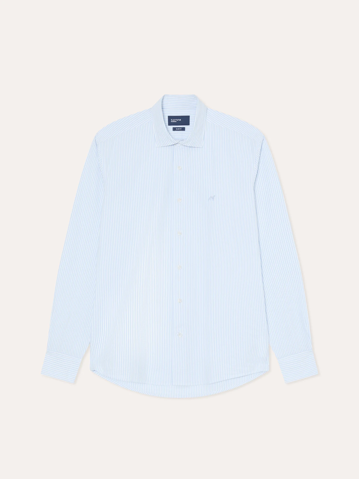 Camisa slim fit seersucker de riscas em algodão e elastano com colarinho aberto - Image 4