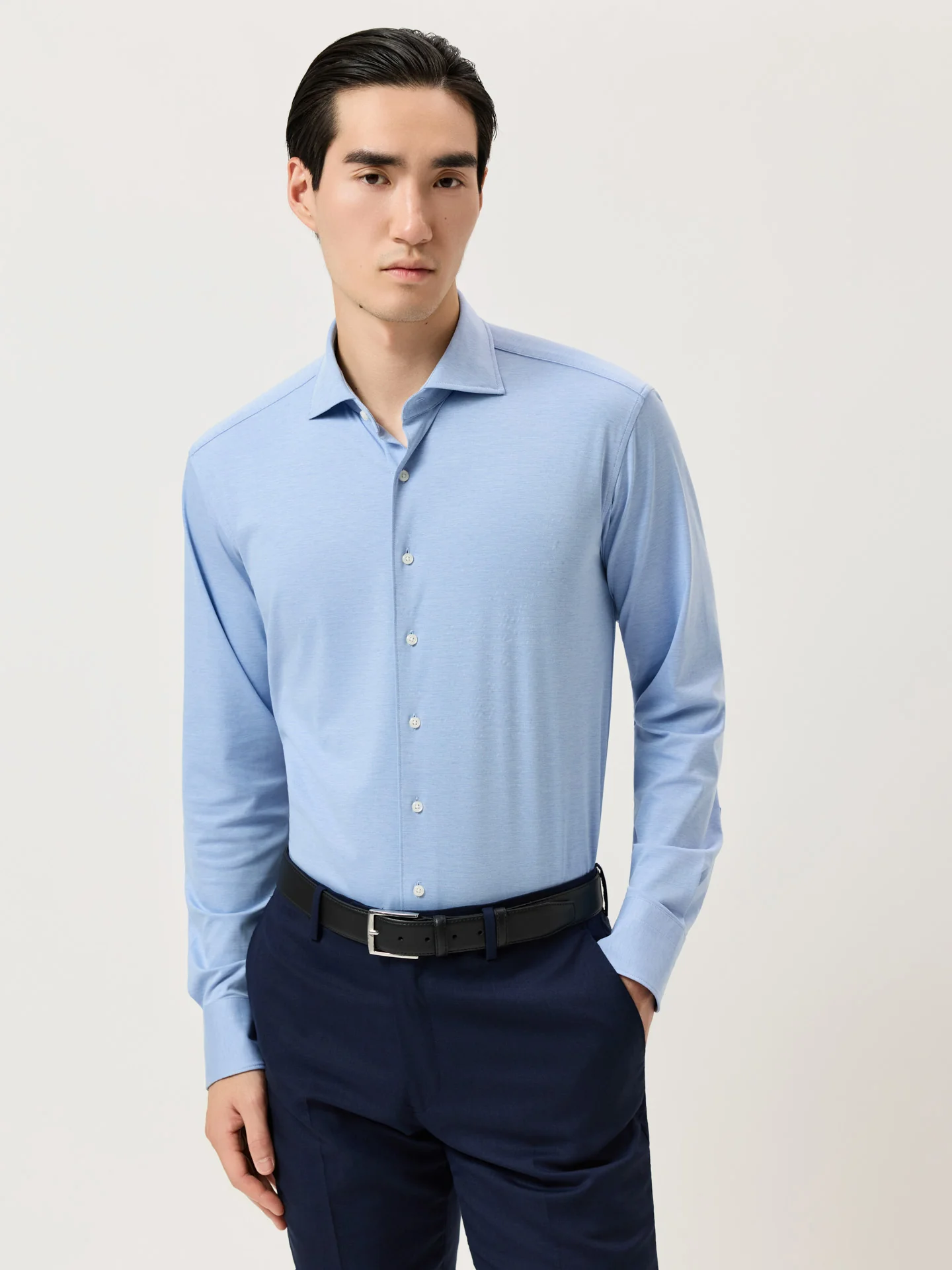 Camisa Travel Slim Fit em Jersey com Elasticidade com Colarinho Newport