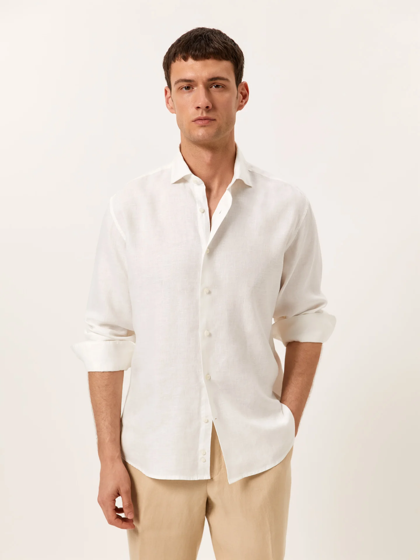 Regular Fit Camisa Aberta em 100% Linho