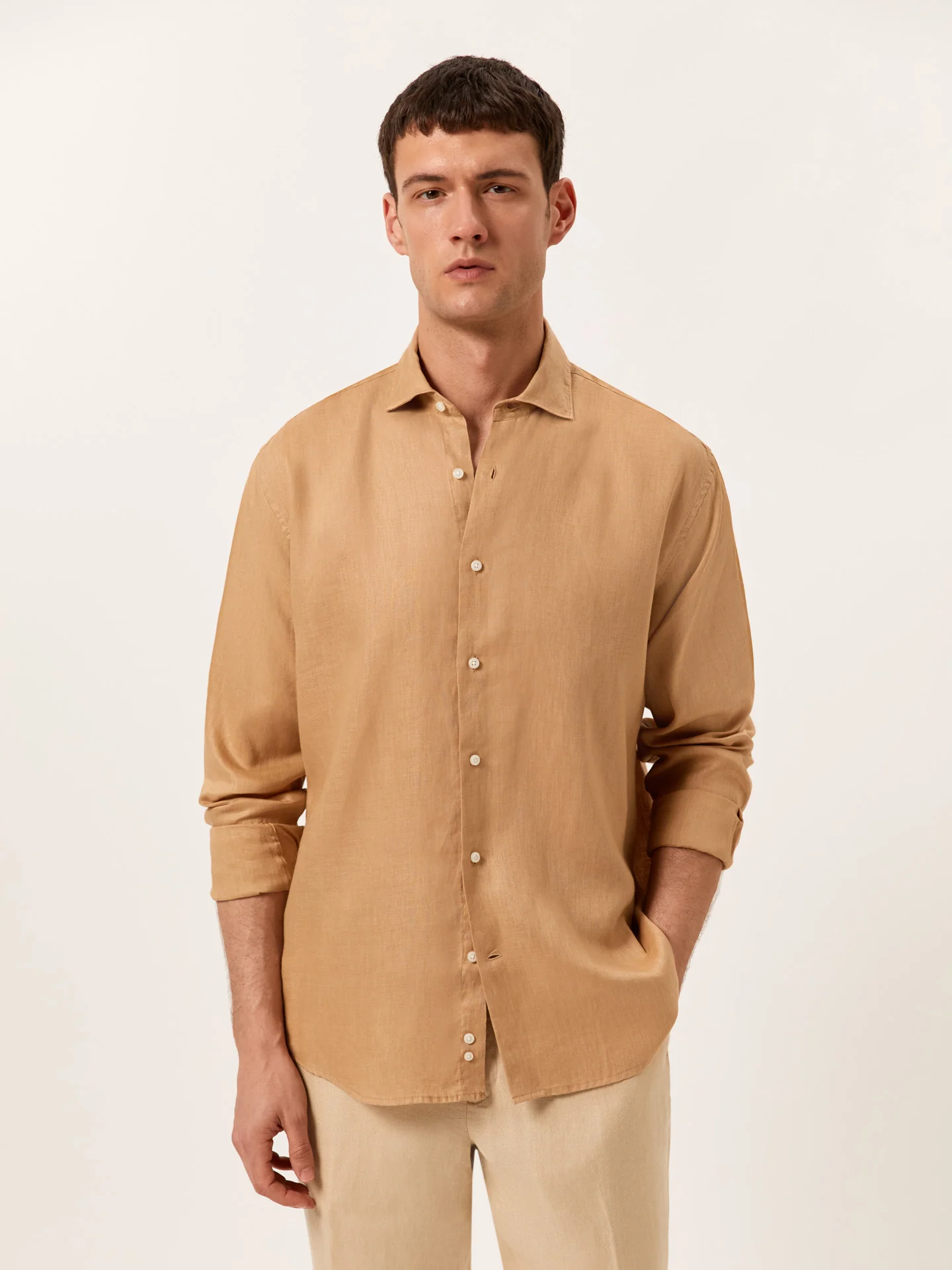 Regular Fit Camisa Aberta em 100% Linho
