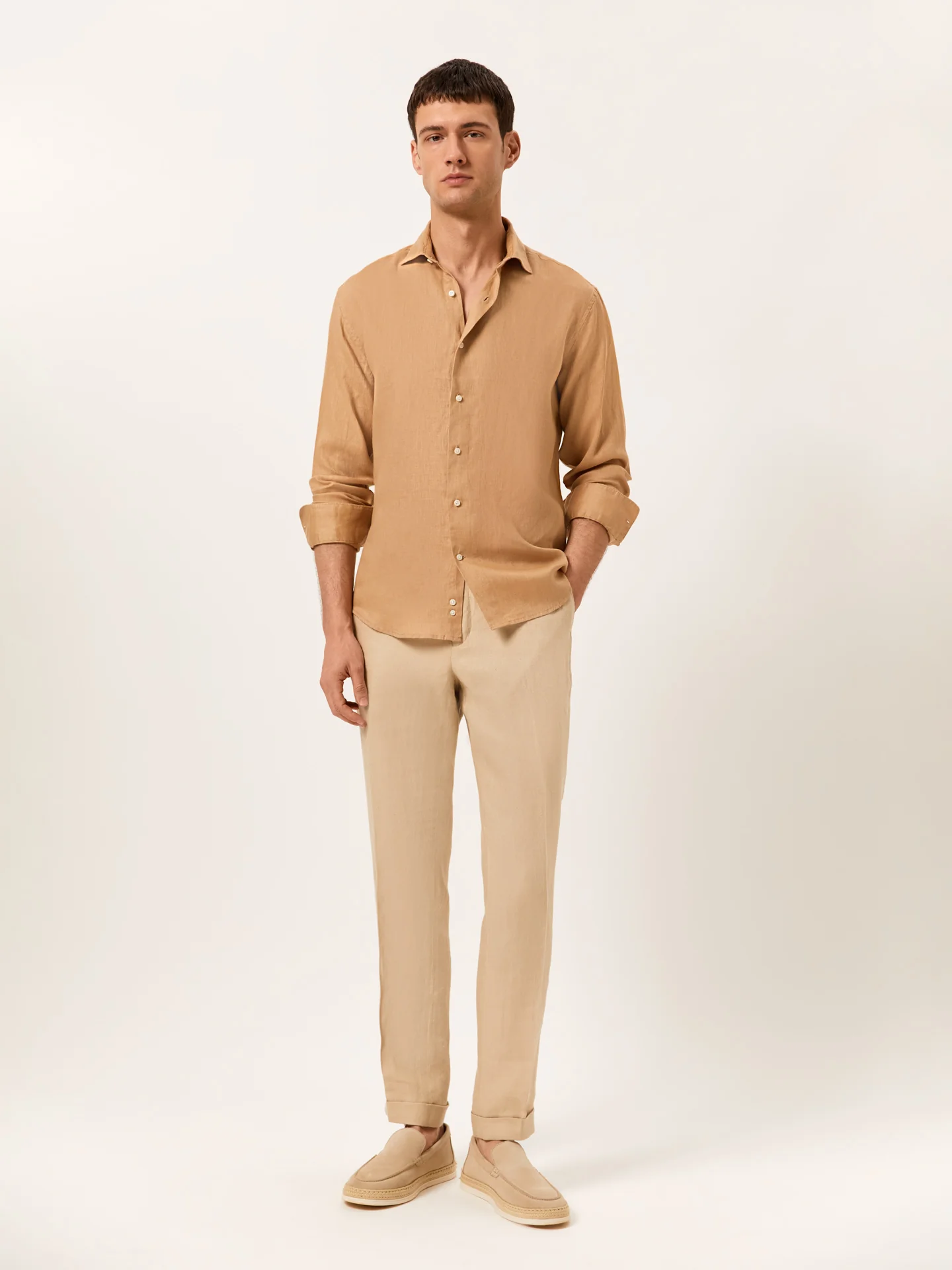 Slim Fit Camisa Aberta em 100% Linho