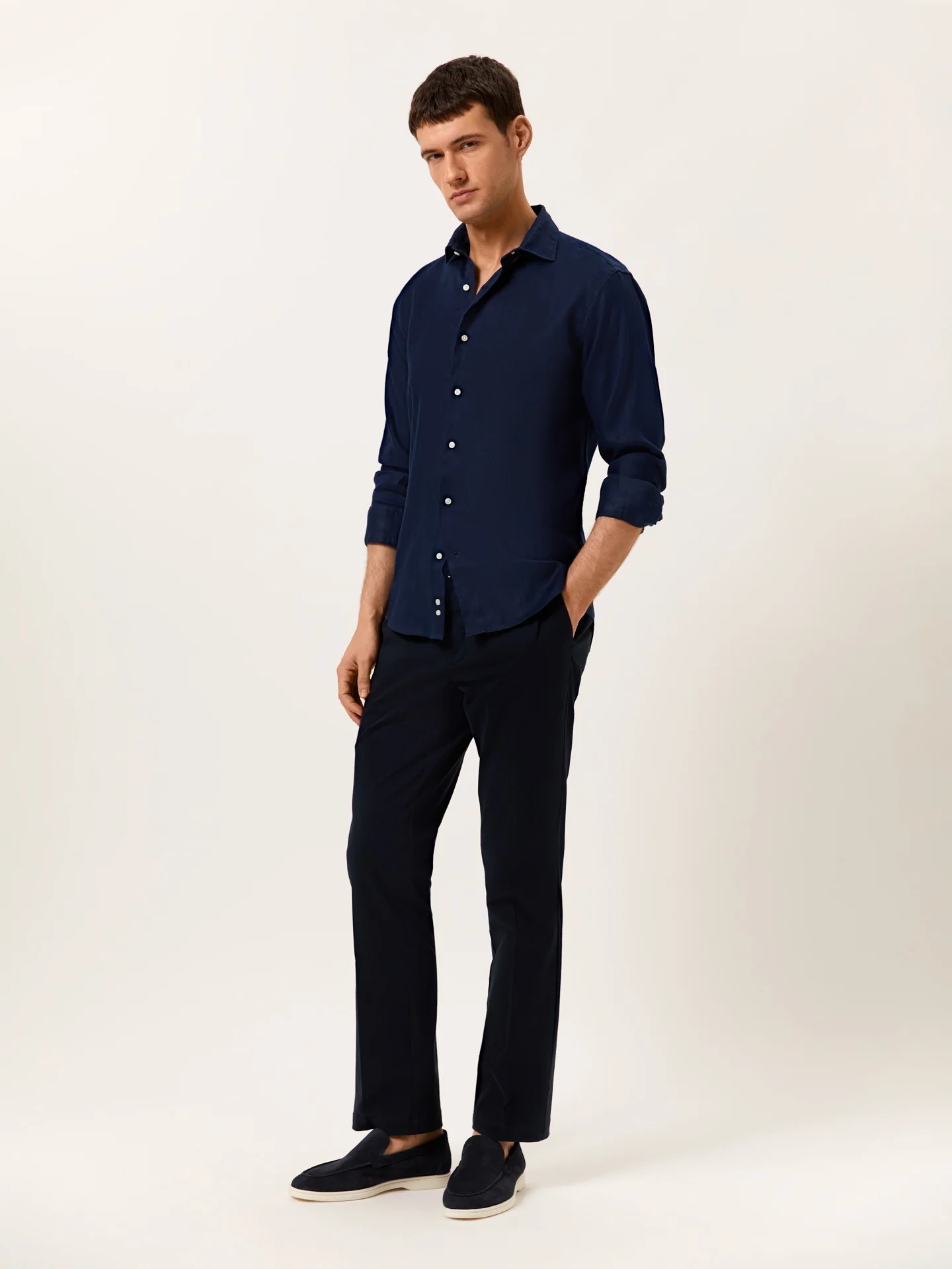 Slim Fit Camisa Aberta em 100% Linho