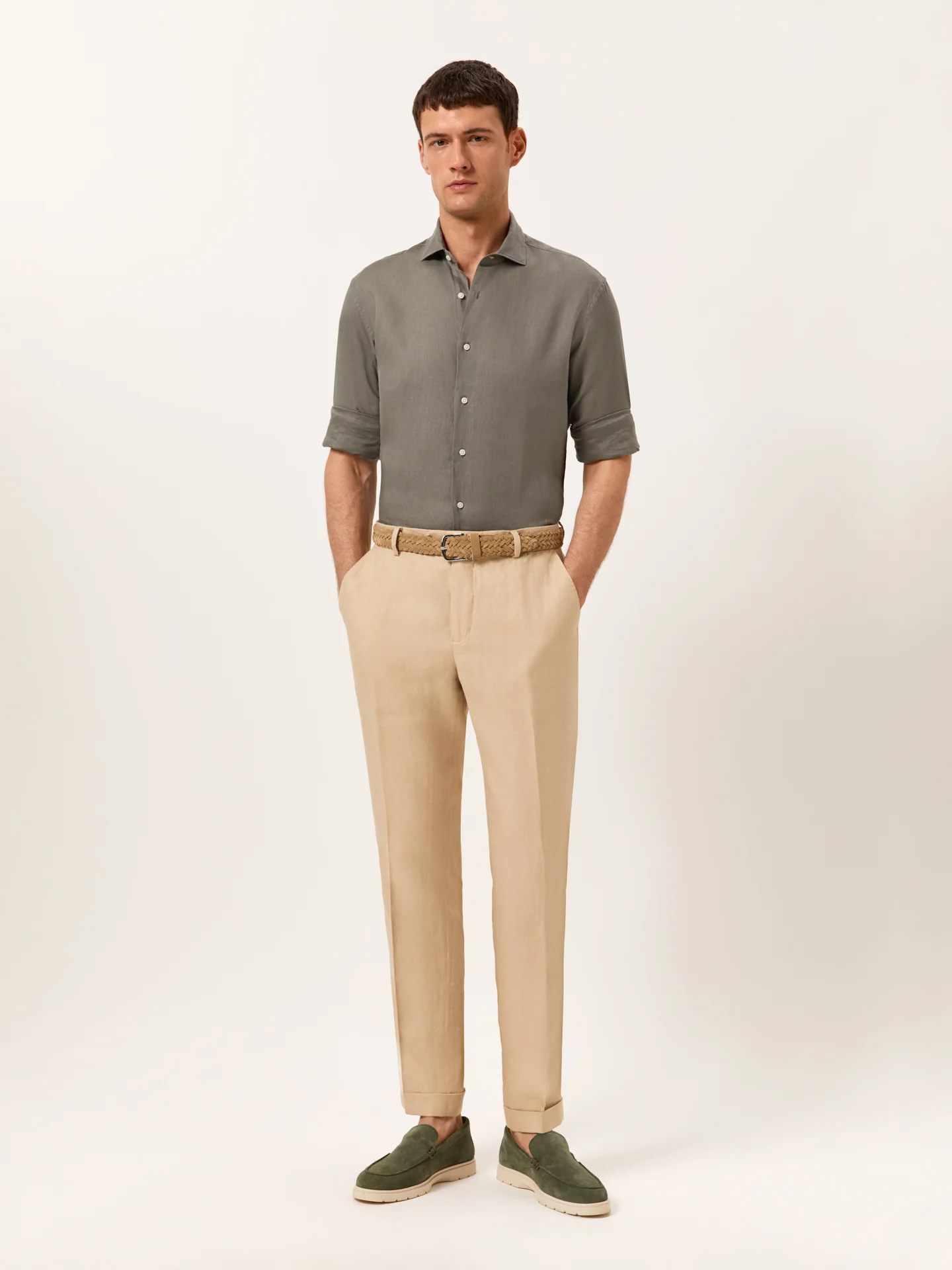 Slim Fit Camisa Aberta em 100% Linho