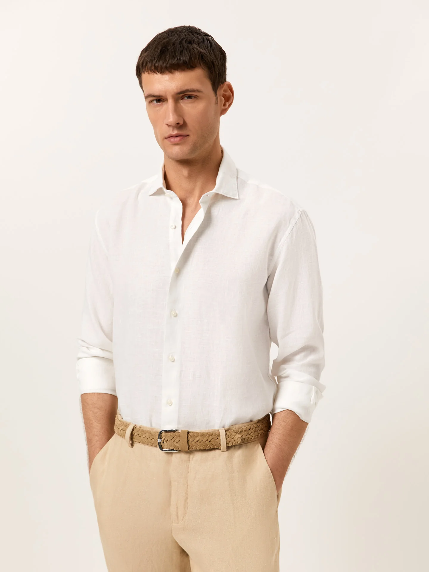 Slim Fit Camisa Aberta em 100% Linho